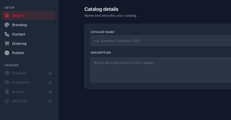Catalog details setup screen in the Nice Catalogs dashboard