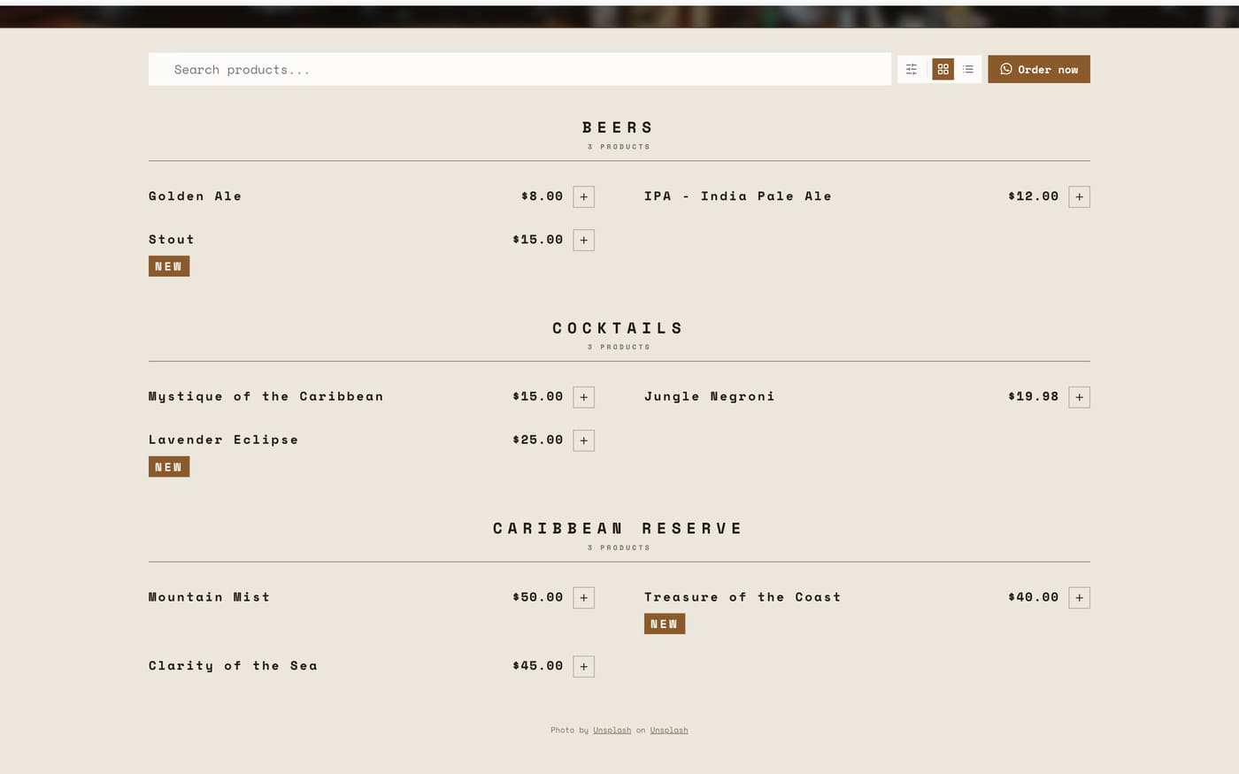 Bar theme, desktop menu view