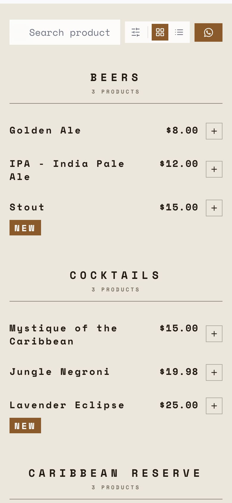 Bar cocktail menu theme on a smartphone, showing a typographic, ink-on-paper drinks list organized by category