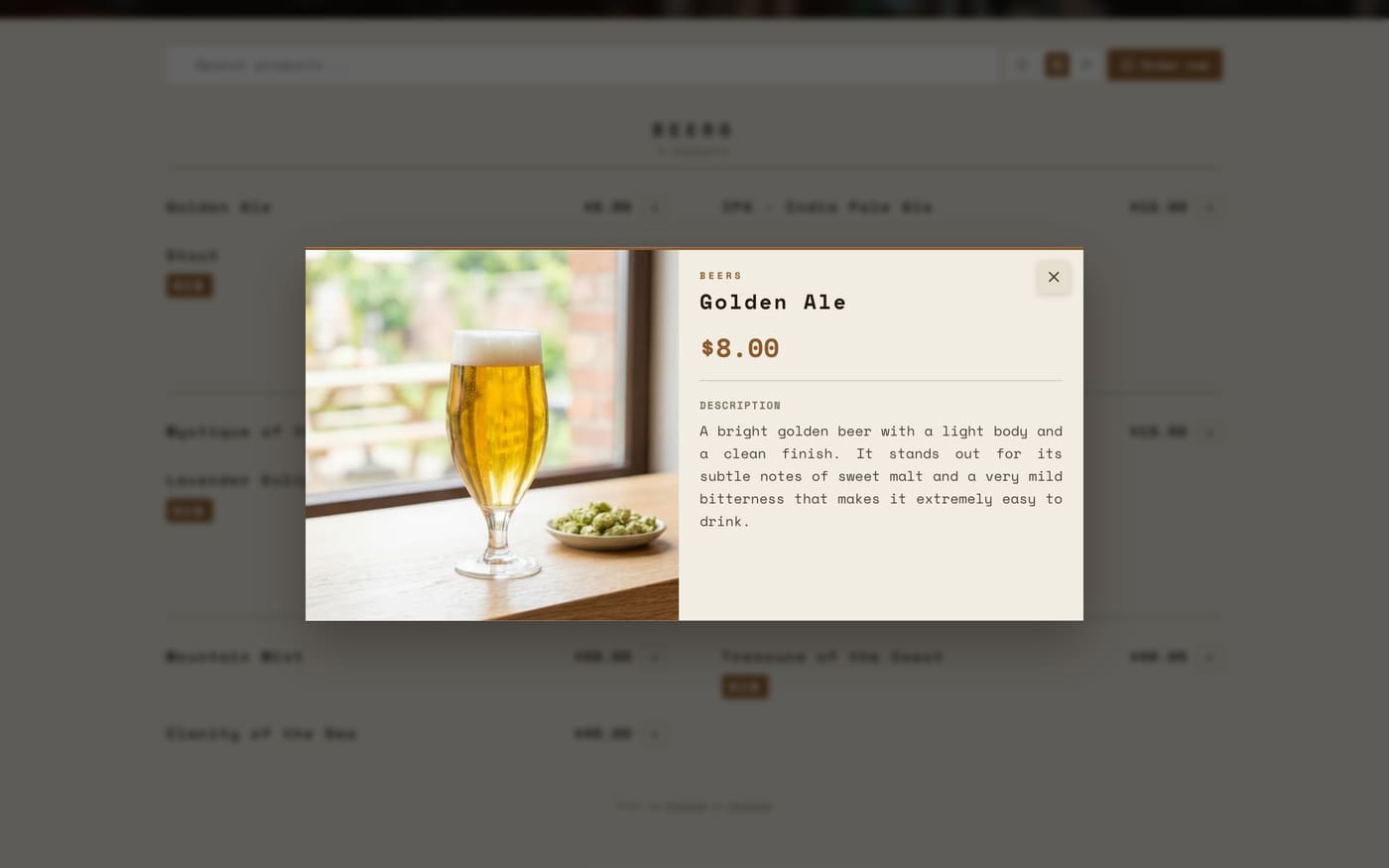 Bar theme, product detail modal