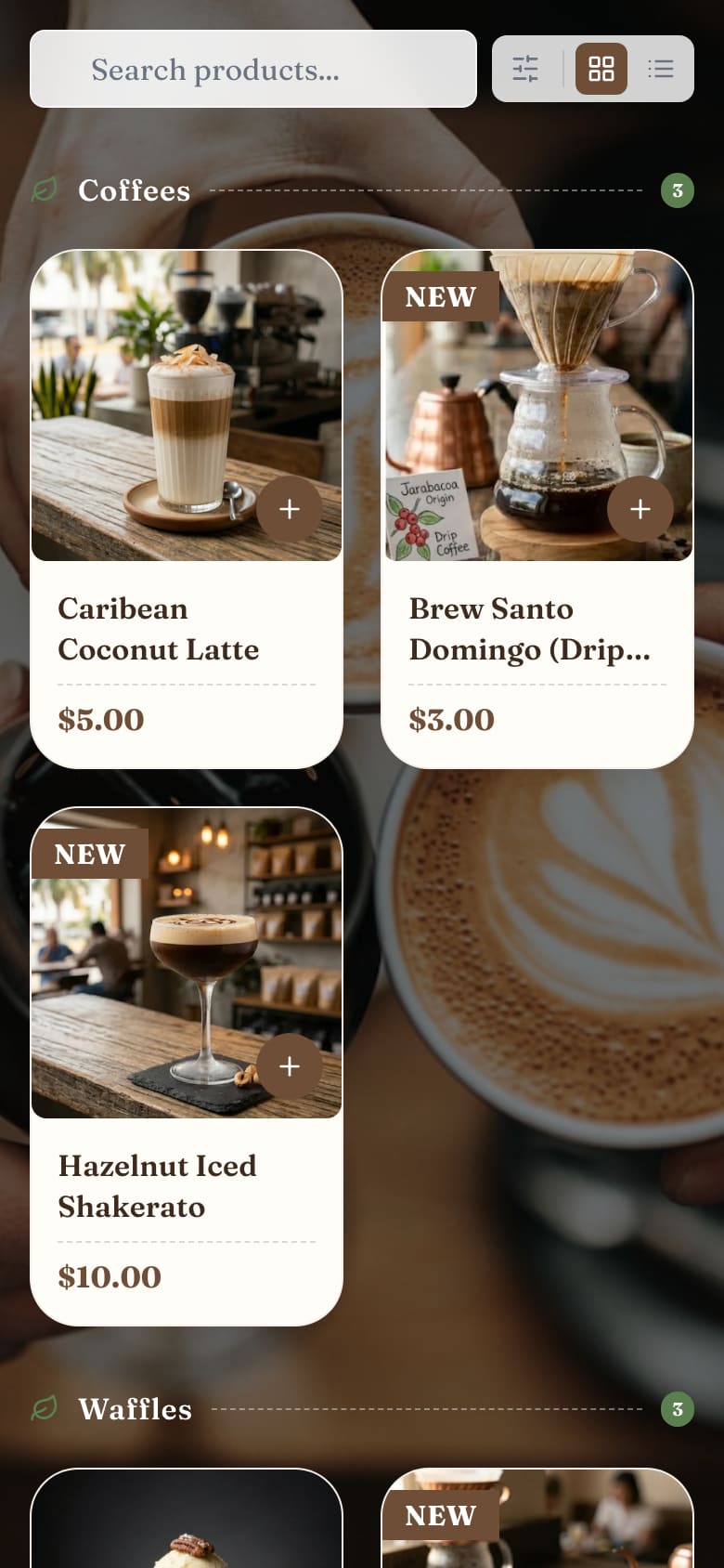Coffee Shop menu theme on a smartphone, showing a photo-forward menu of lattes, drip coffee, and waffles