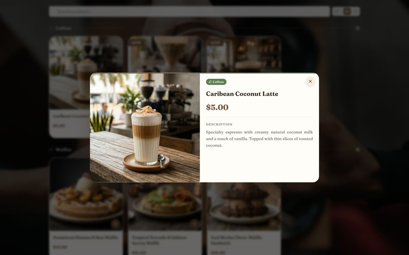 Coffee Shop theme, product detail modal
