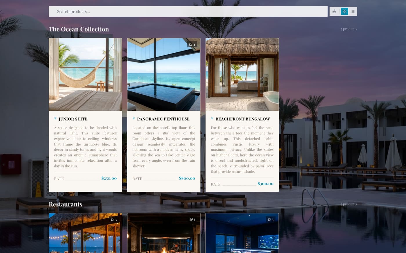 Hotel theme, desktop menu view