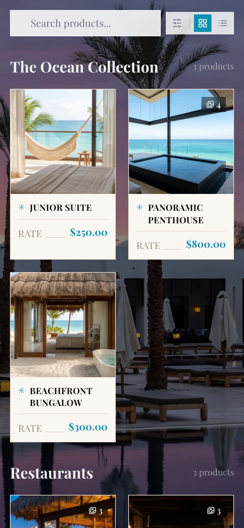 Hotel guest menu theme on a smartphone, showing an ocean-view suite gallery in soft coastal-blue tones