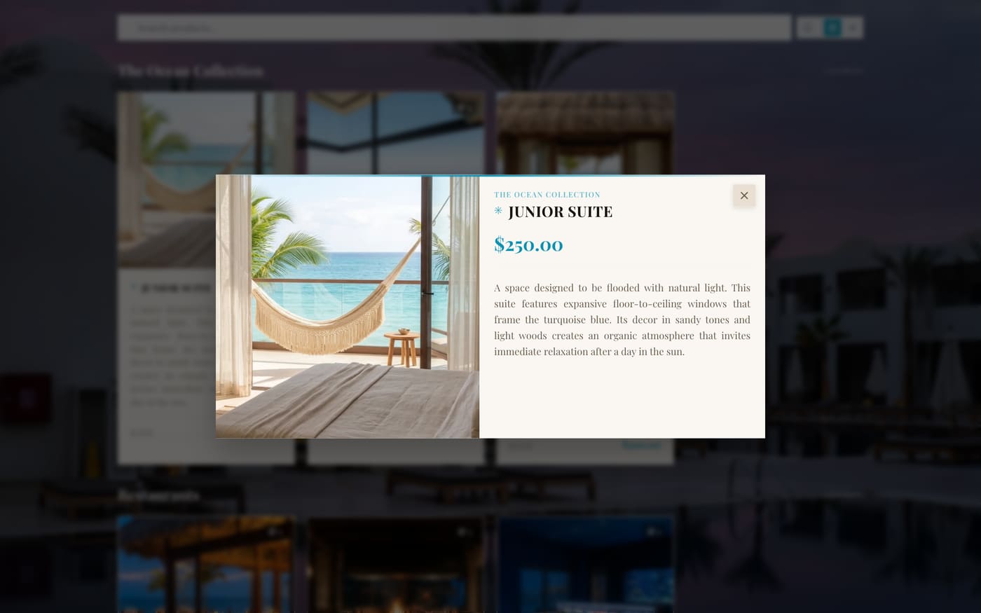 Hotel theme, product detail modal
