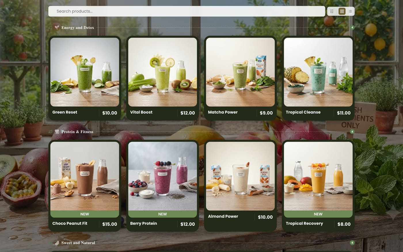 Juice Bar theme, desktop menu view