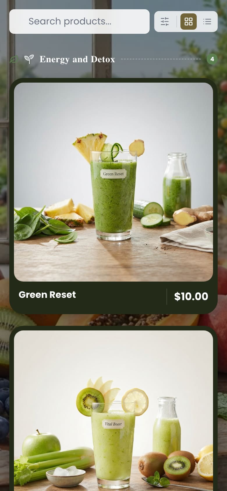 Juice Bar menu theme on a smartphone, showing a fresh, fruit-forward grid of juices and smoothies