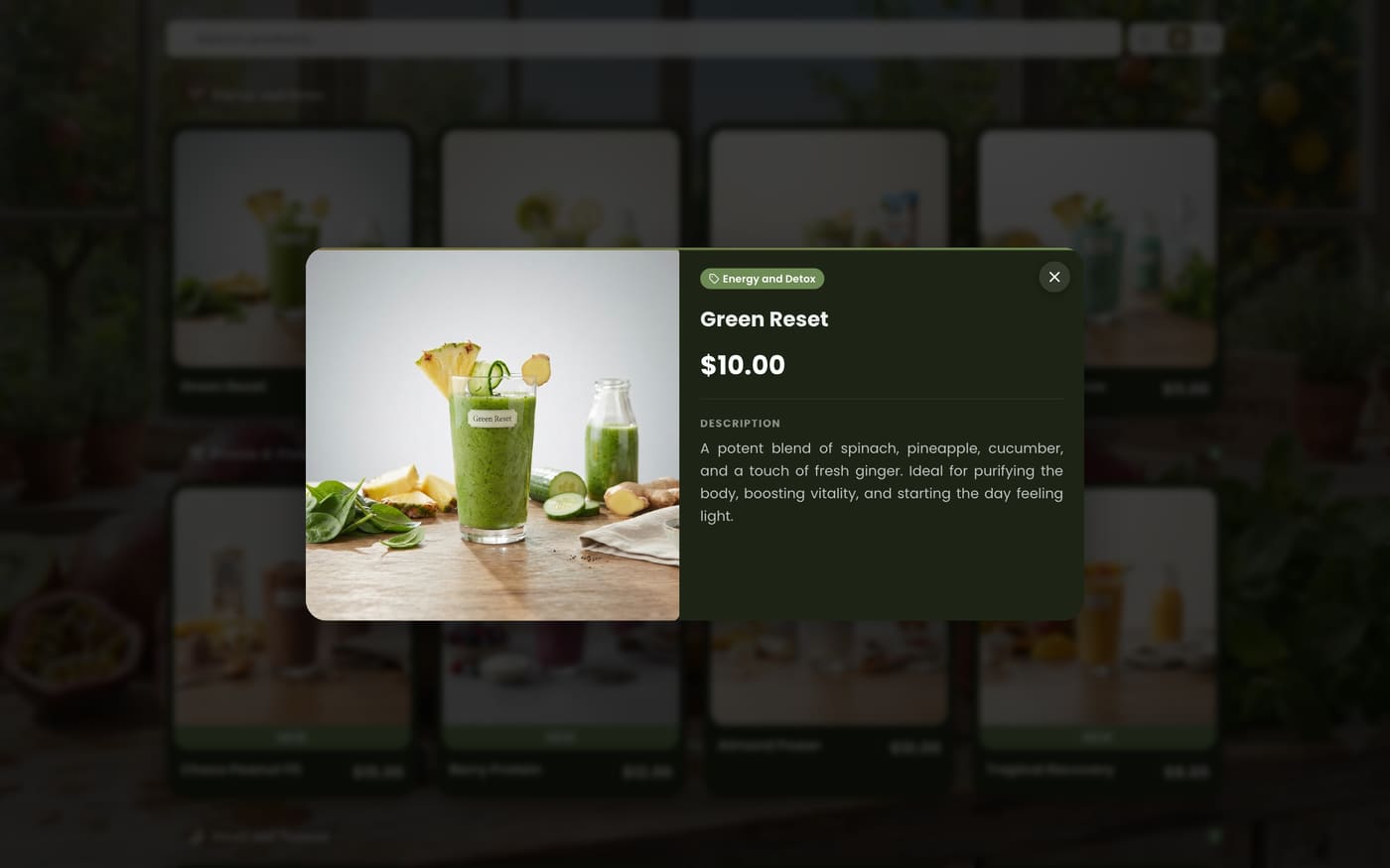 Juice Bar theme, product detail modal