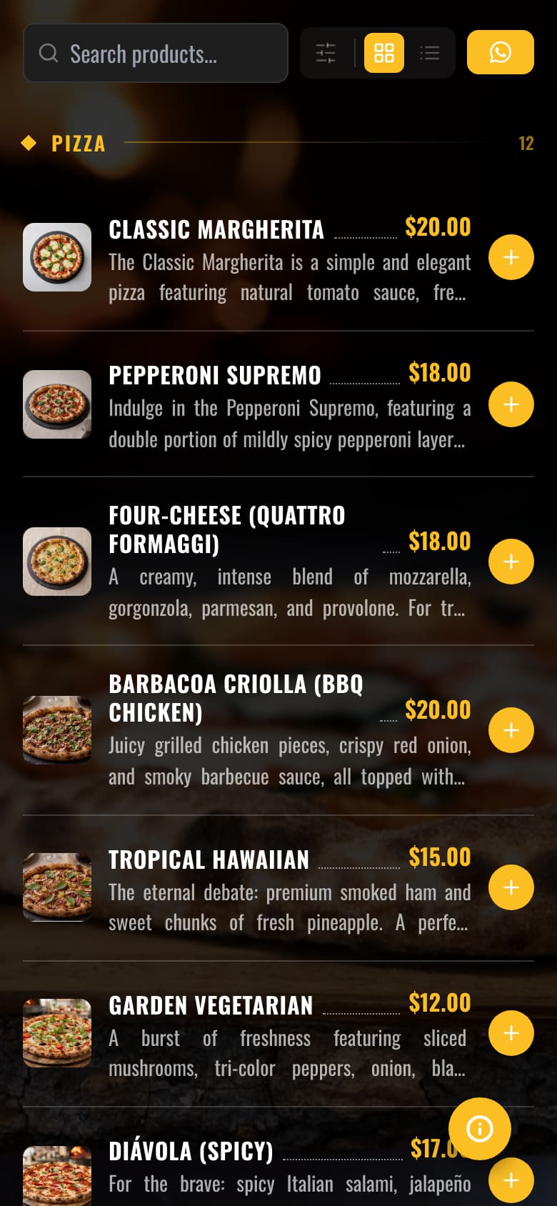 Forno Rustico pizzeria menu theme on a smartphone, showing the dark, ember-toned pizza menu list with photos and prices