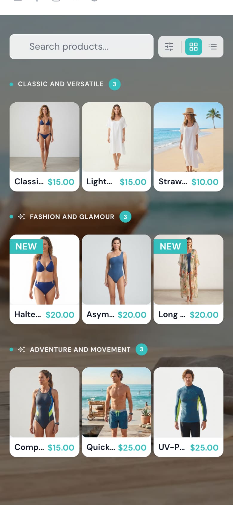 Social Media catalog theme on a smartphone, showing a swimwear product grid with a search bar above it