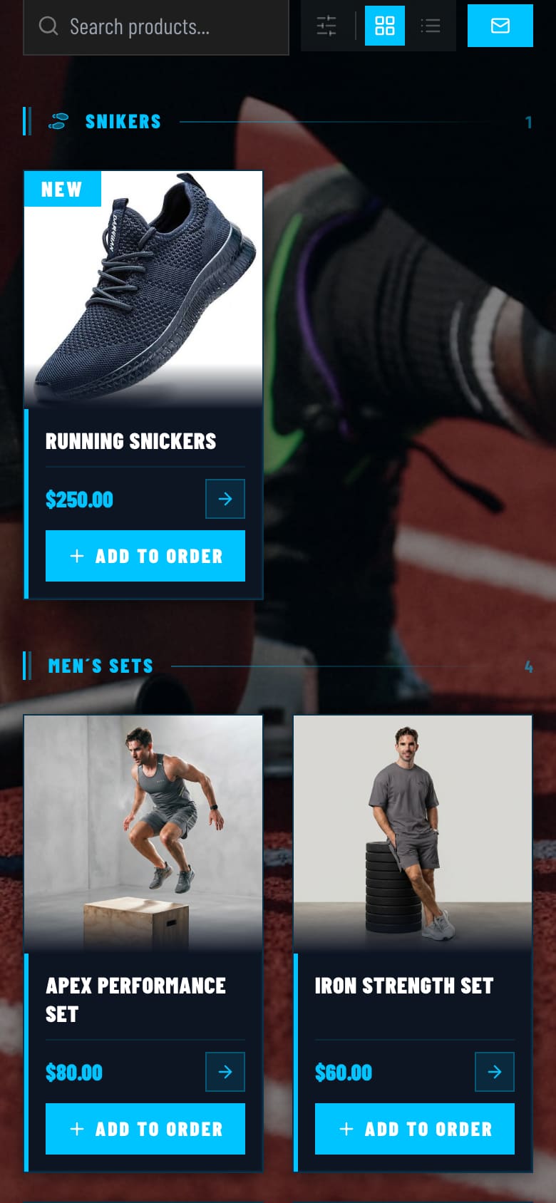 Velocity sneaker and sportswear catalog theme on a smartphone, showing a dark, high-contrast product grid with cyan pricing